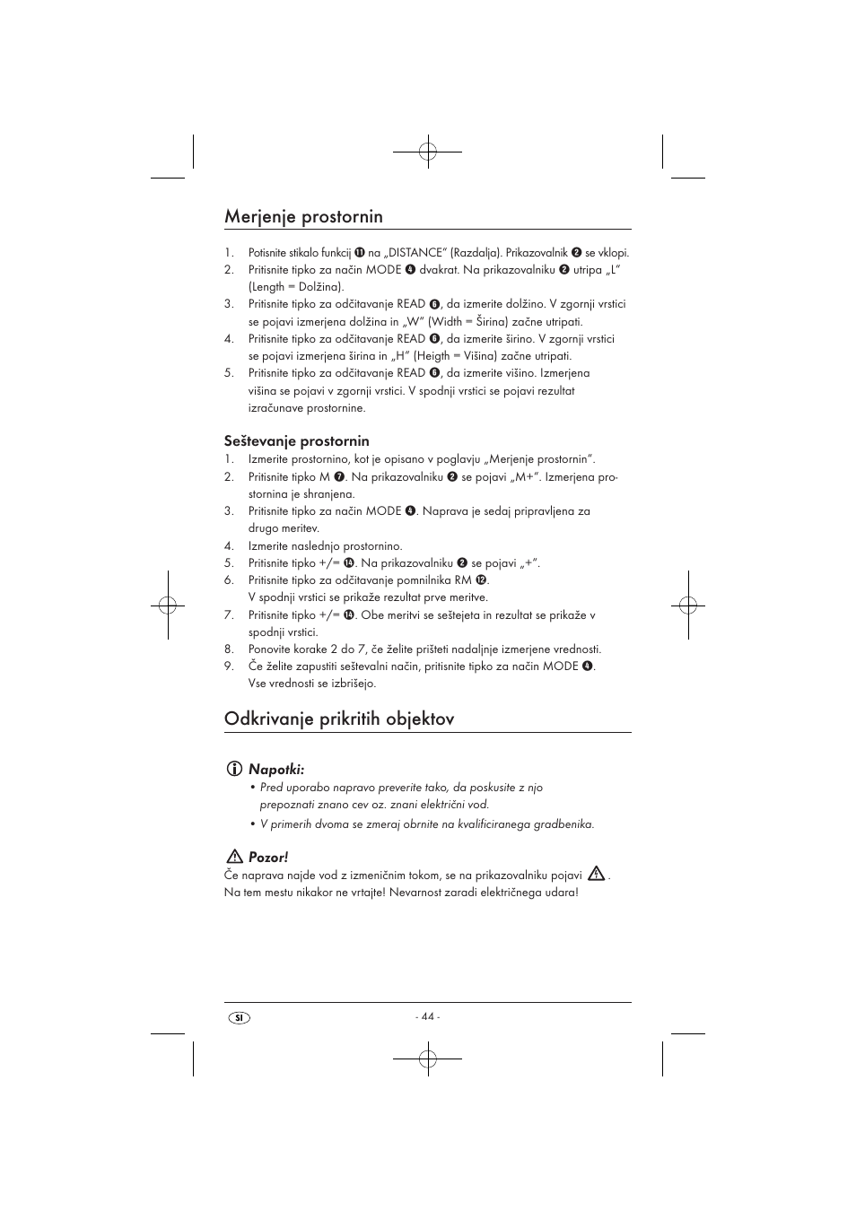 Merjenje prostornin, Odkrivanje prikritih objektov, Seštevanje prostornin | Napotki, Pozor | Powerfix KH 3236 User Manual | Page 46 / 74