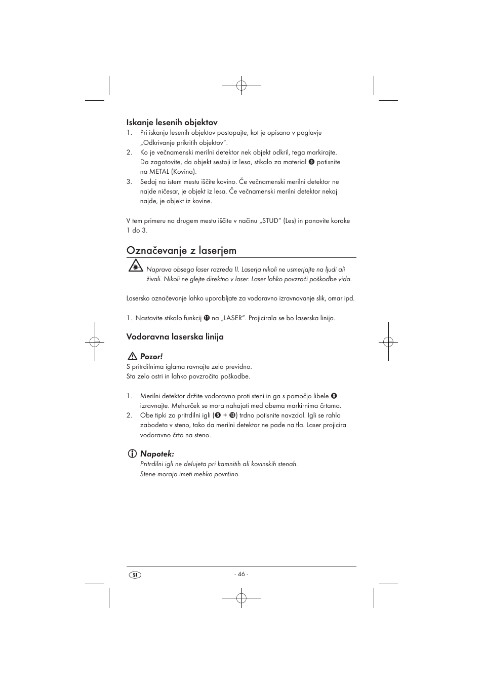 Označevanje z laserjem, Iskanje lesenih objektov, Vodoravna laserska linija pozor | Napotek | Powerfix KH 3236 User Manual | Page 48 / 74