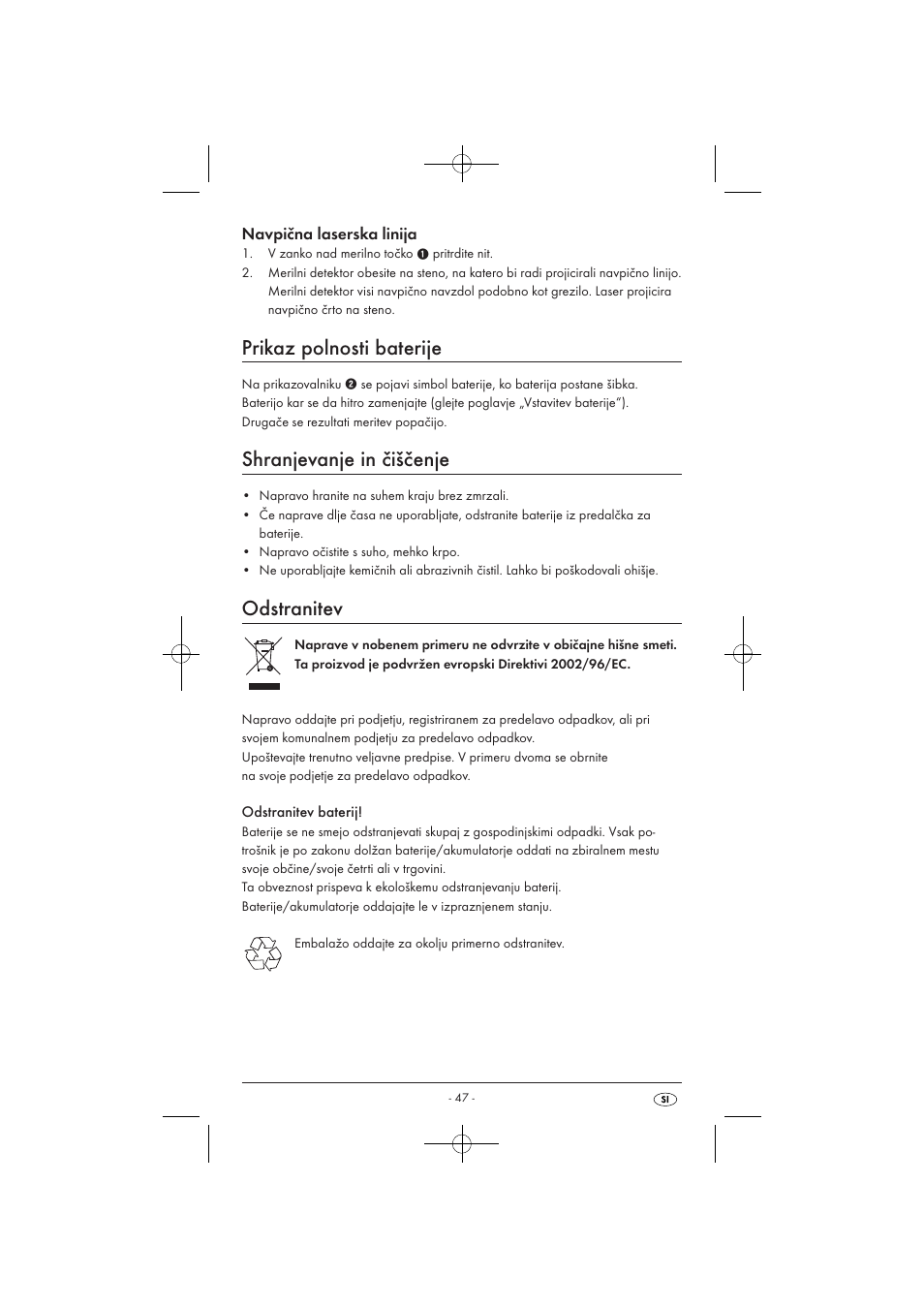 Prikaz polnosti baterije, Shranjevanje in čiščenje, Odstranitev | Navpična laserska linija | Powerfix KH 3236 User Manual | Page 49 / 74