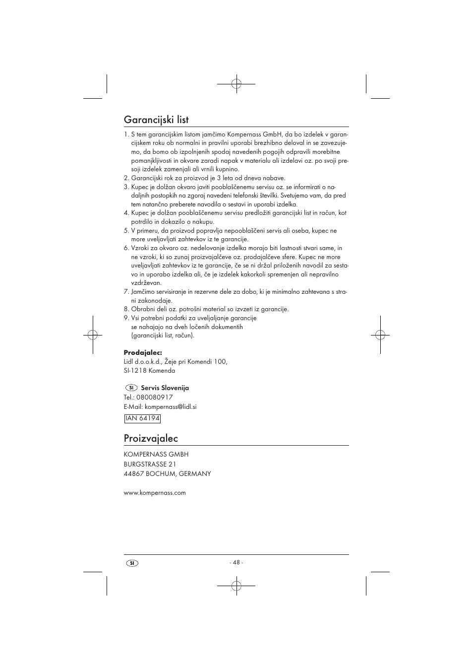 Garancijski list, Proizvajalec | Powerfix KH 3236 User Manual | Page 50 / 74