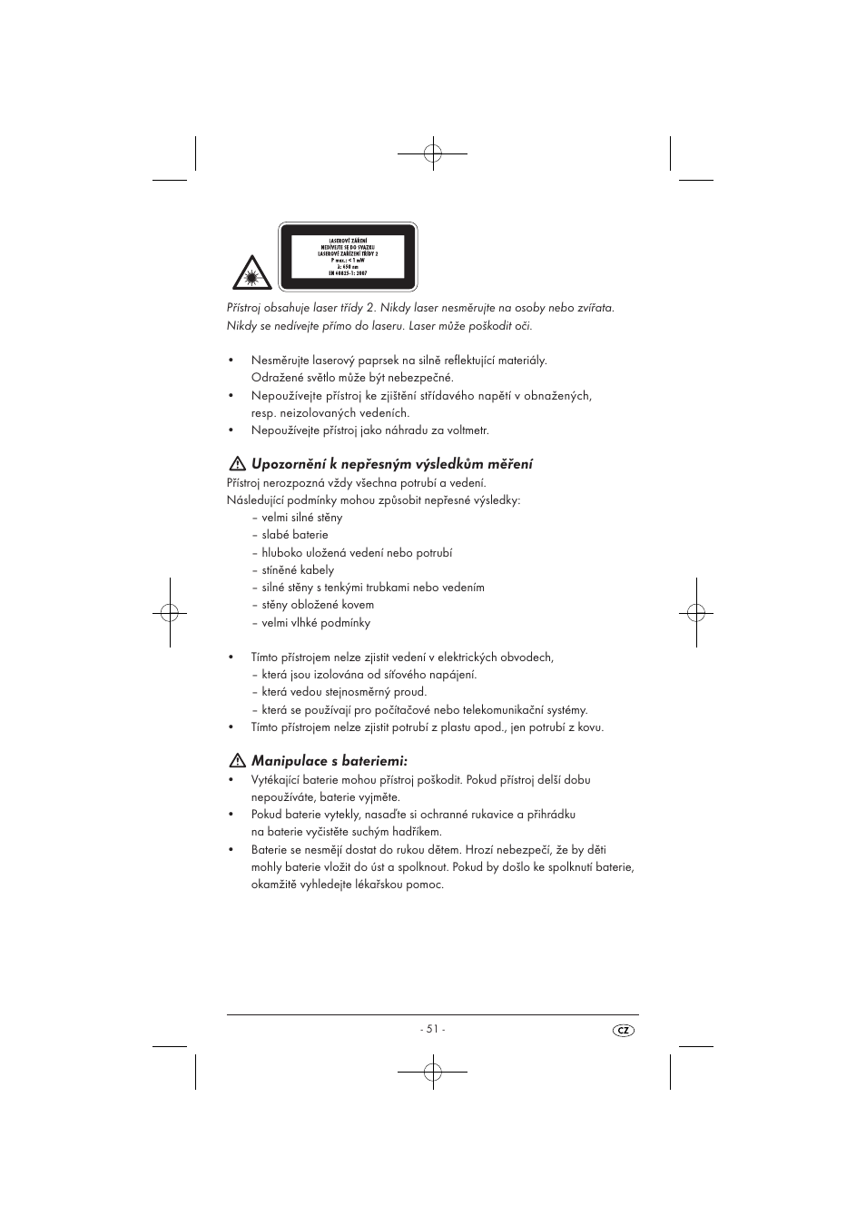 Upozornění k nepřesným výsledkům měření, Manipulace s bateriemi | Powerfix KH 3236 User Manual | Page 53 / 74