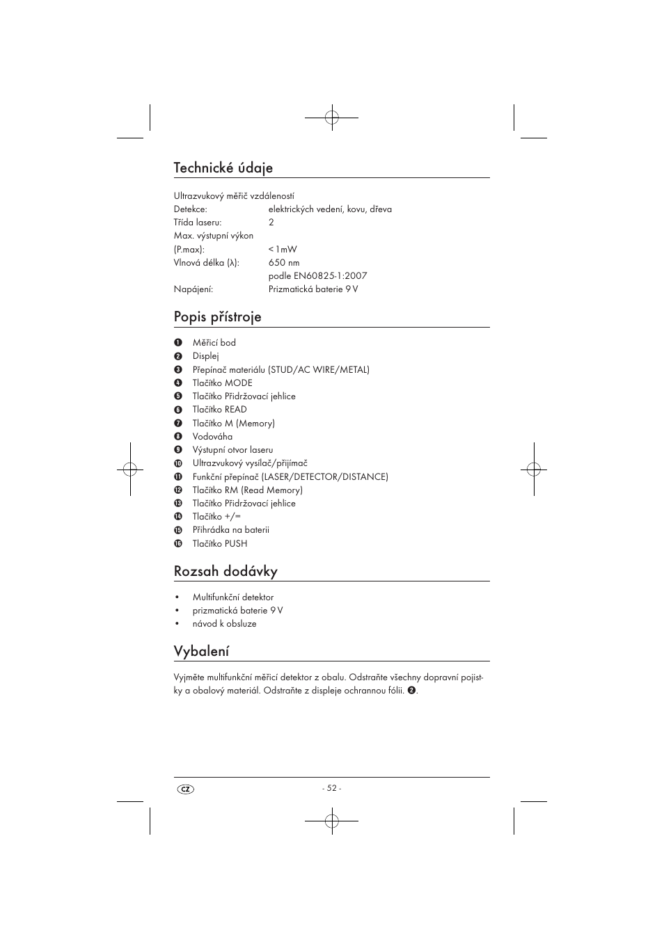 Technické údaje, Popis přístroje, Rozsah dodávky | Vybalení | Powerfix KH 3236 User Manual | Page 54 / 74