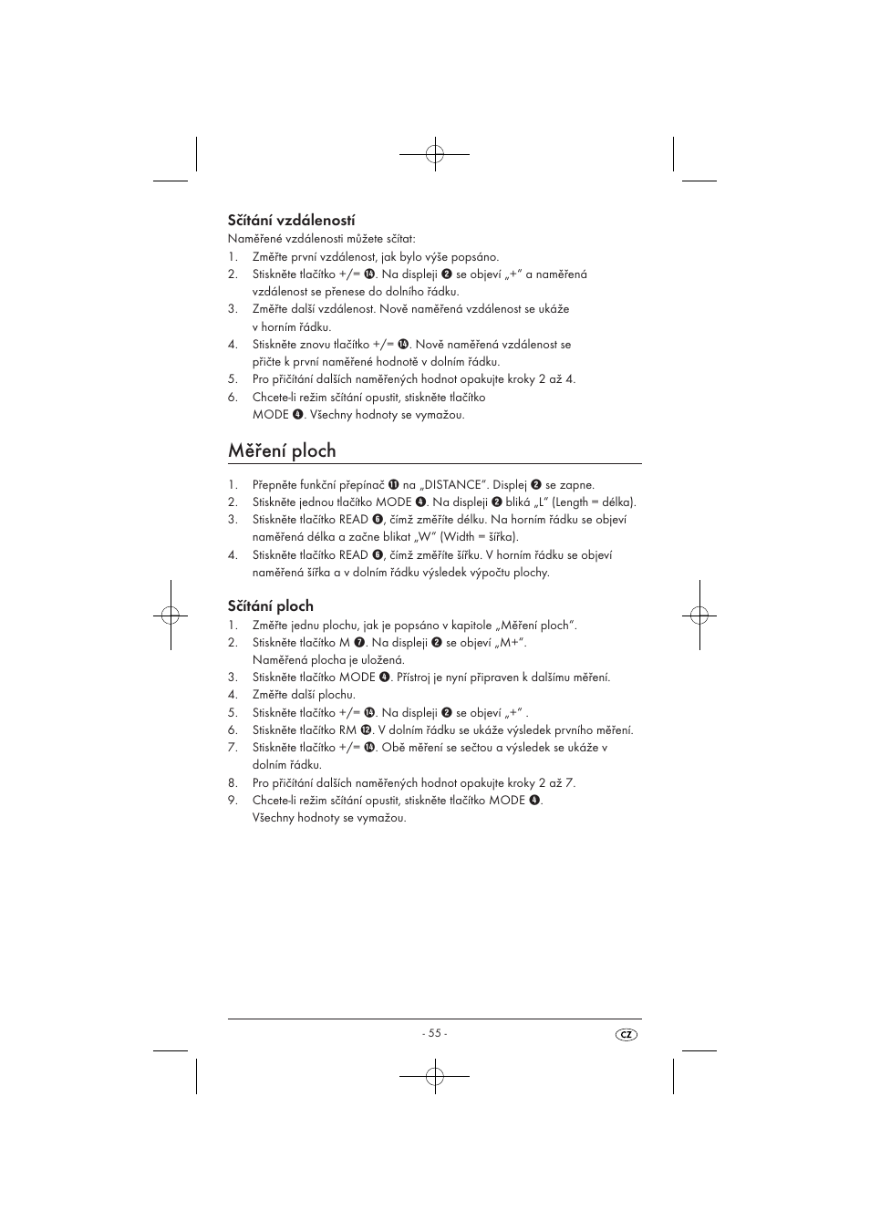 Měření ploch, Sčítání vzdáleností, Sčítání ploch | Powerfix KH 3236 User Manual | Page 57 / 74