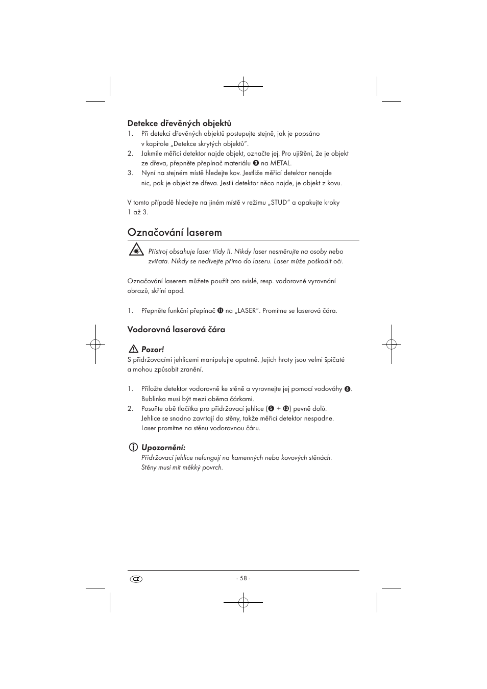 Označování laserem, Detekce dřevěných objektů, Vodorovná laserová čára pozor | Upozornění | Powerfix KH 3236 User Manual | Page 60 / 74