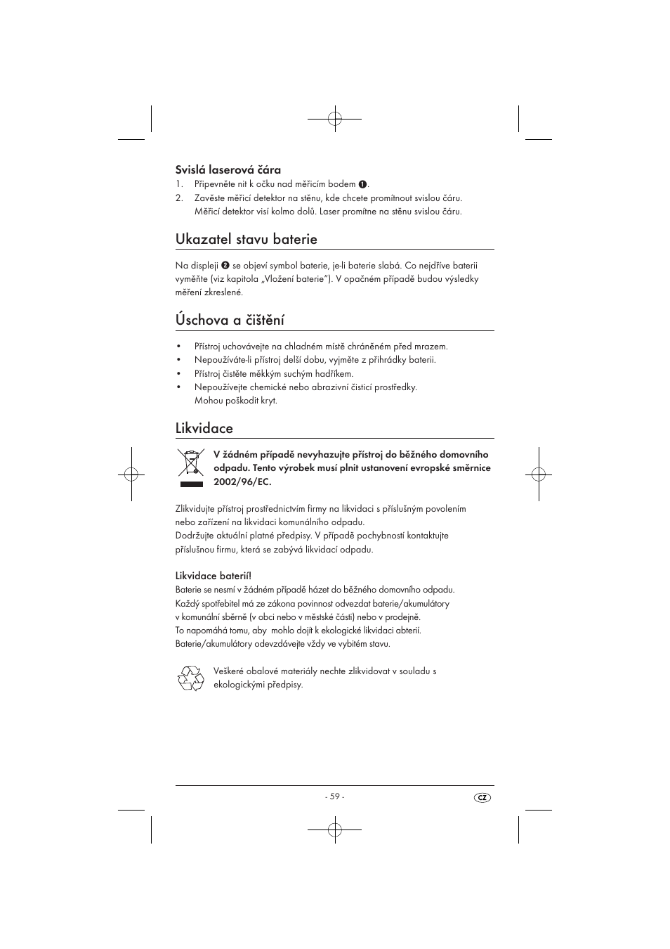 Ukazatel stavu baterie, Úschova a čištění, Likvidace | Svislá laserová čára | Powerfix KH 3236 User Manual | Page 61 / 74