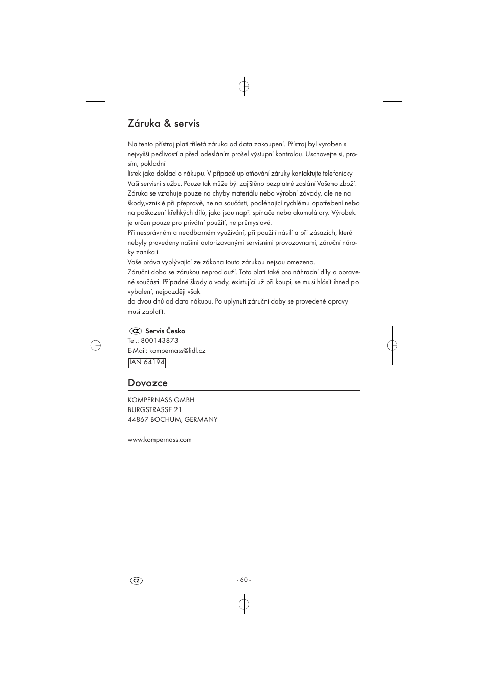 Záruka & servis, Dovozce | Powerfix KH 3236 User Manual | Page 62 / 74