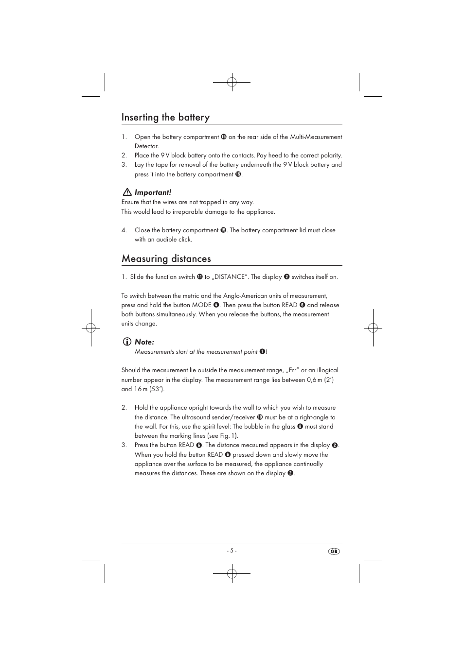 Inserting the battery, Measuring distances, Important | Powerfix KH 3236 User Manual | Page 7 / 74