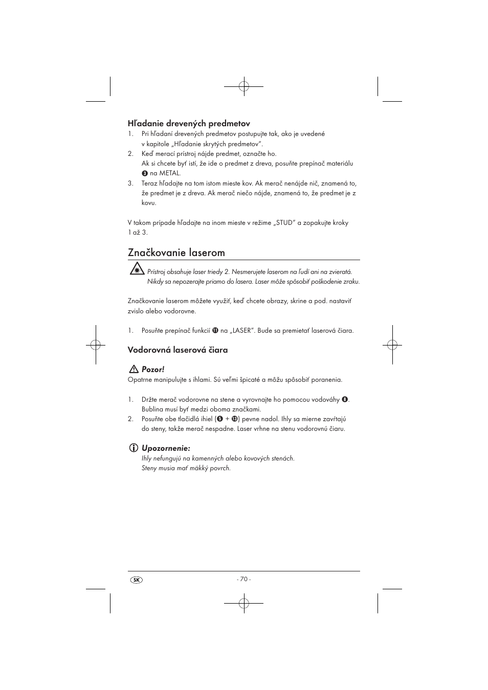 Značkovanie laserom, Hľadanie drevených predmetov, Vodorovná laserová čiara pozor | Upozornenie | Powerfix KH 3236 User Manual | Page 72 / 74