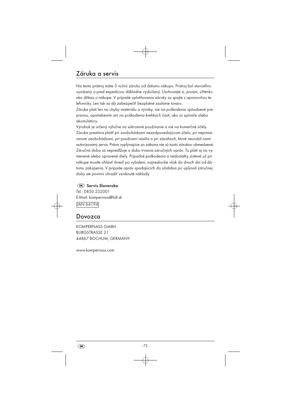 Záruka a servis, Dovozca | Powerfix KH 3236 User Manual | Page 74 / 74