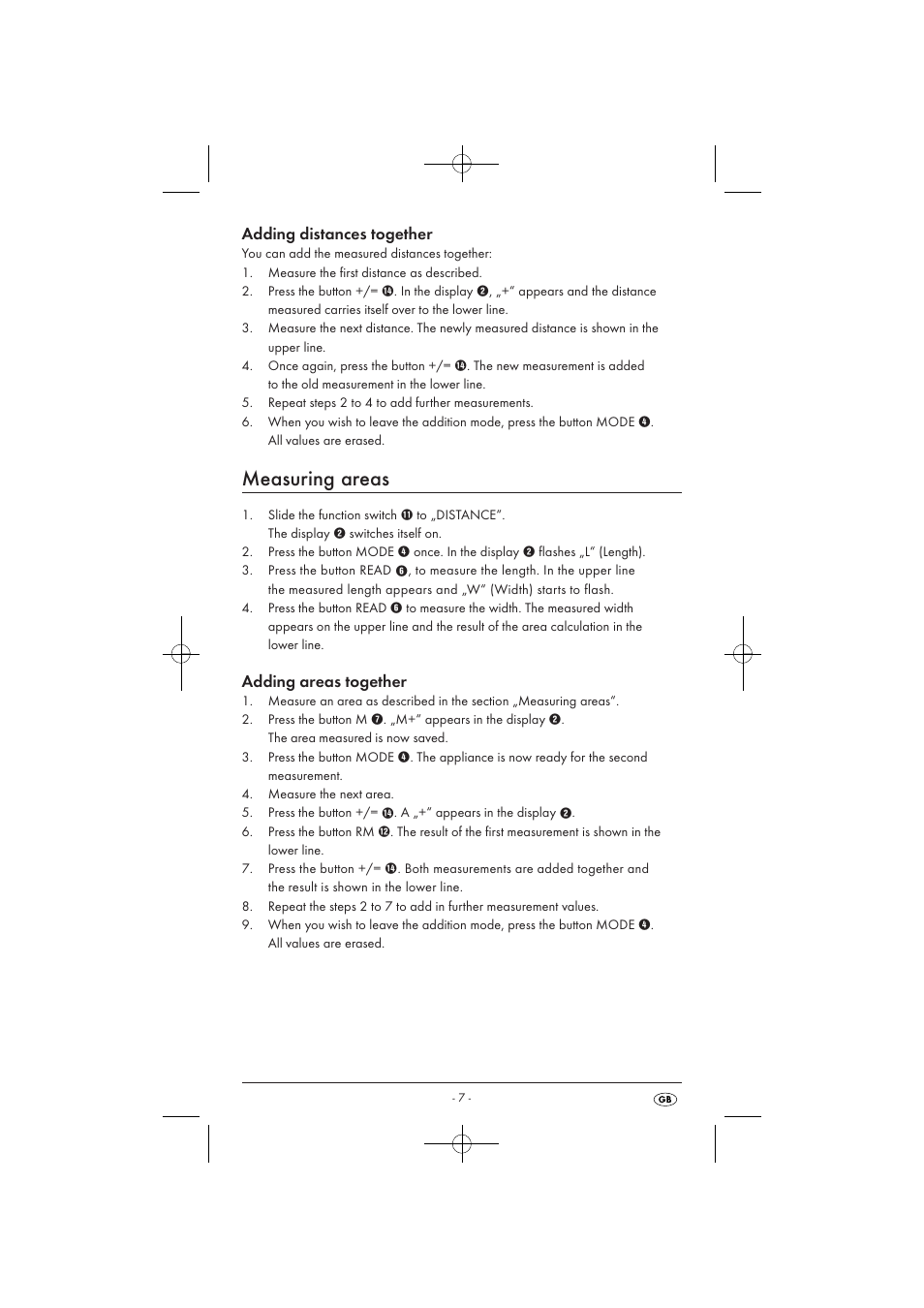 Measuring areas, Adding distances together, Adding areas together | Powerfix KH 3236 User Manual | Page 9 / 74