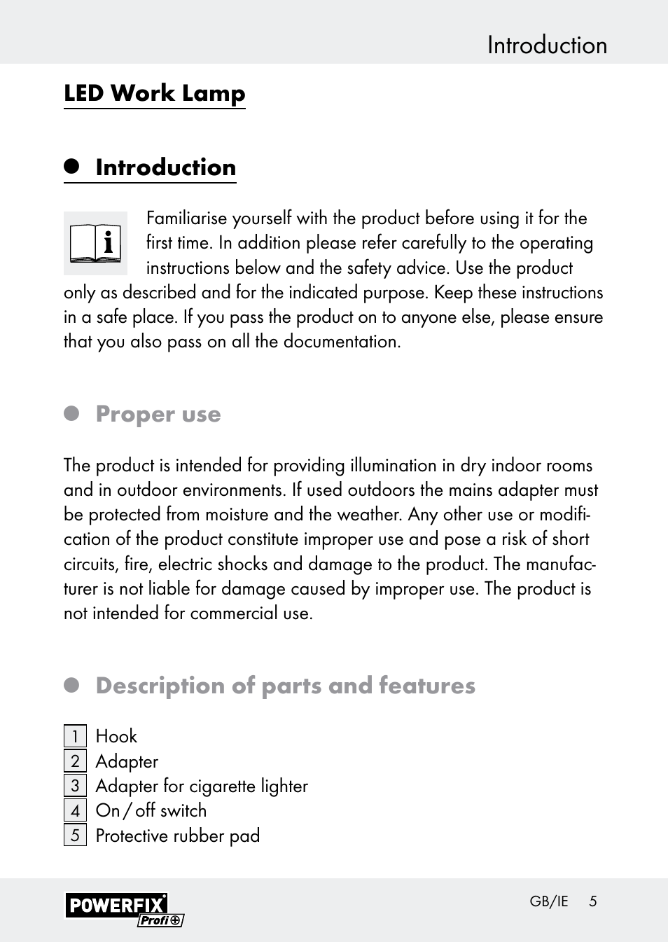 Introduction, Led work lamp, Proper use | Description of parts and features | Powerfix Z30590-BS User Manual | Page 5 / 15