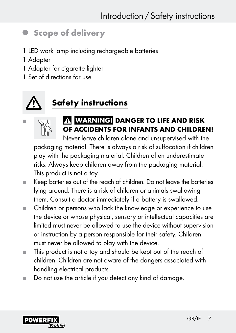 Introduction / safety instructions, Scope of delivery, Safety instructions | Powerfix Z30590-BS User Manual | Page 7 / 15