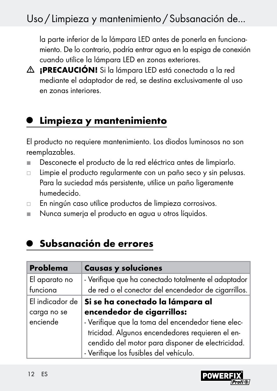 Uso / limpieza y mantenimiento / subsanación de, Limpieza y mantenimiento, Subsanación de errores | Powerfix Z30590-BS User Manual | Page 12 / 59