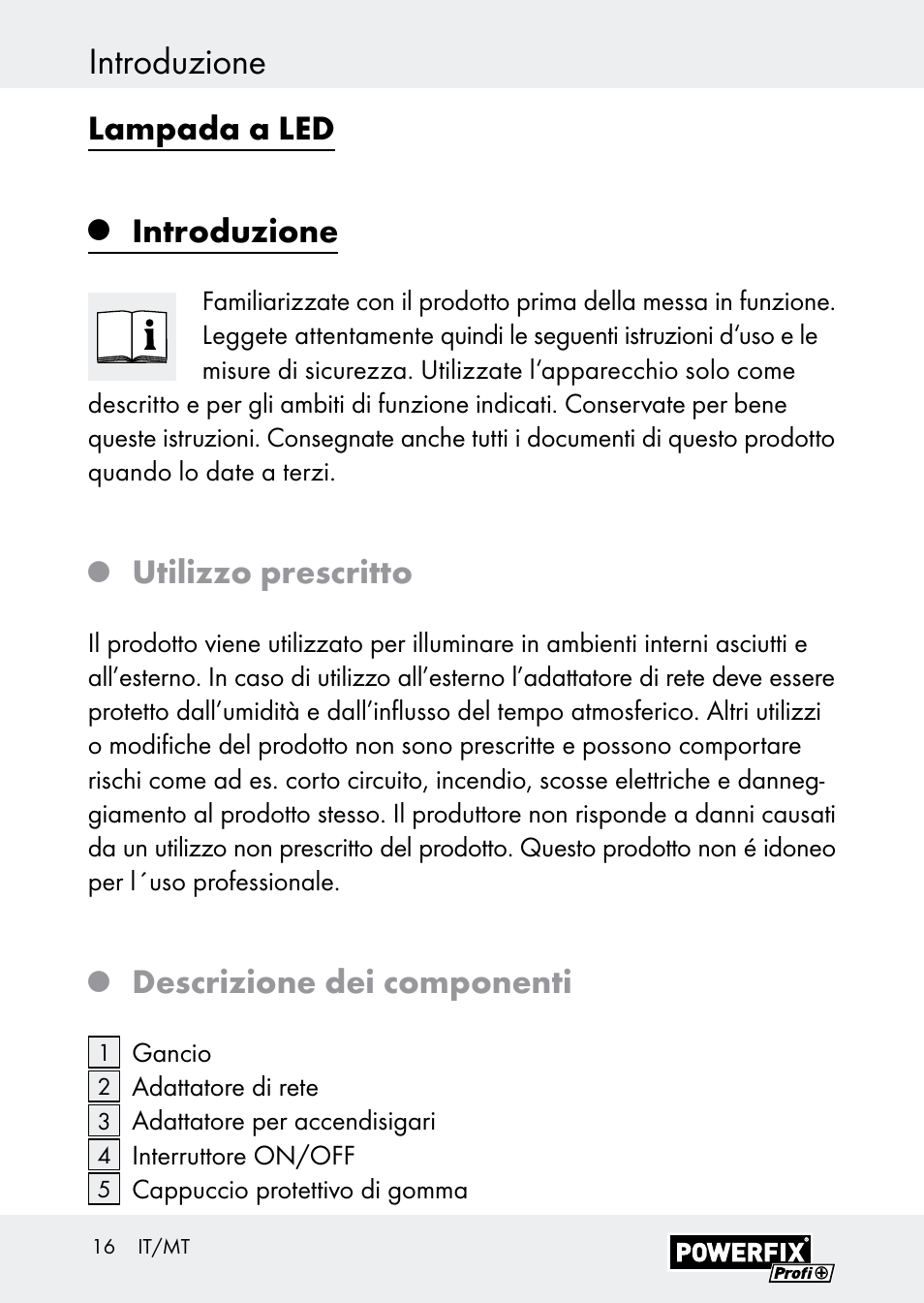 Introduzione, Lampada a led, Utilizzo prescritto | Descrizione dei componenti | Powerfix Z30590-BS User Manual | Page 16 / 59