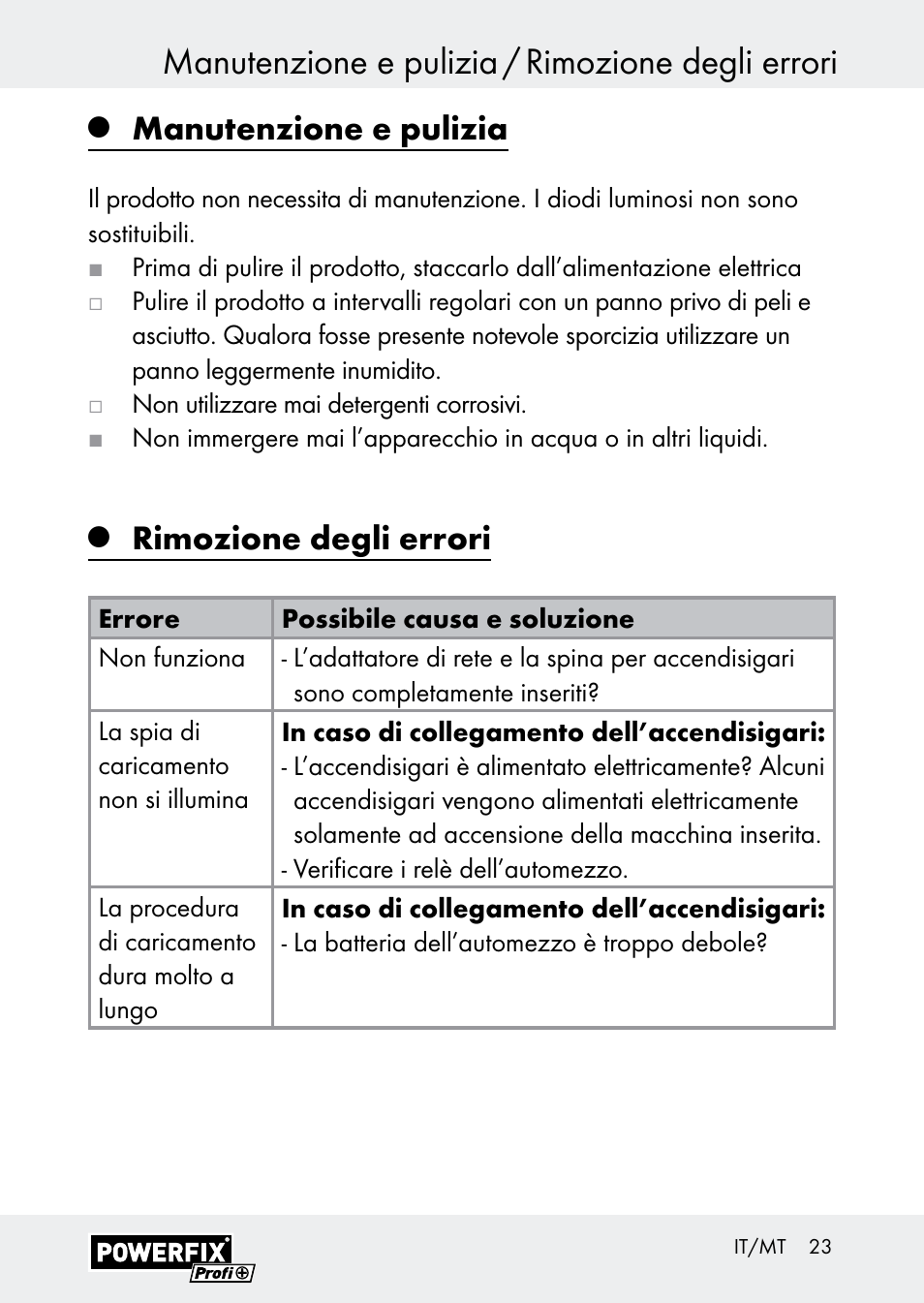 Manutenzione e pulizia / rimozione degli errori, Manutenzione e pulizia, Rimozione degli errori | Powerfix Z30590-BS User Manual | Page 23 / 59