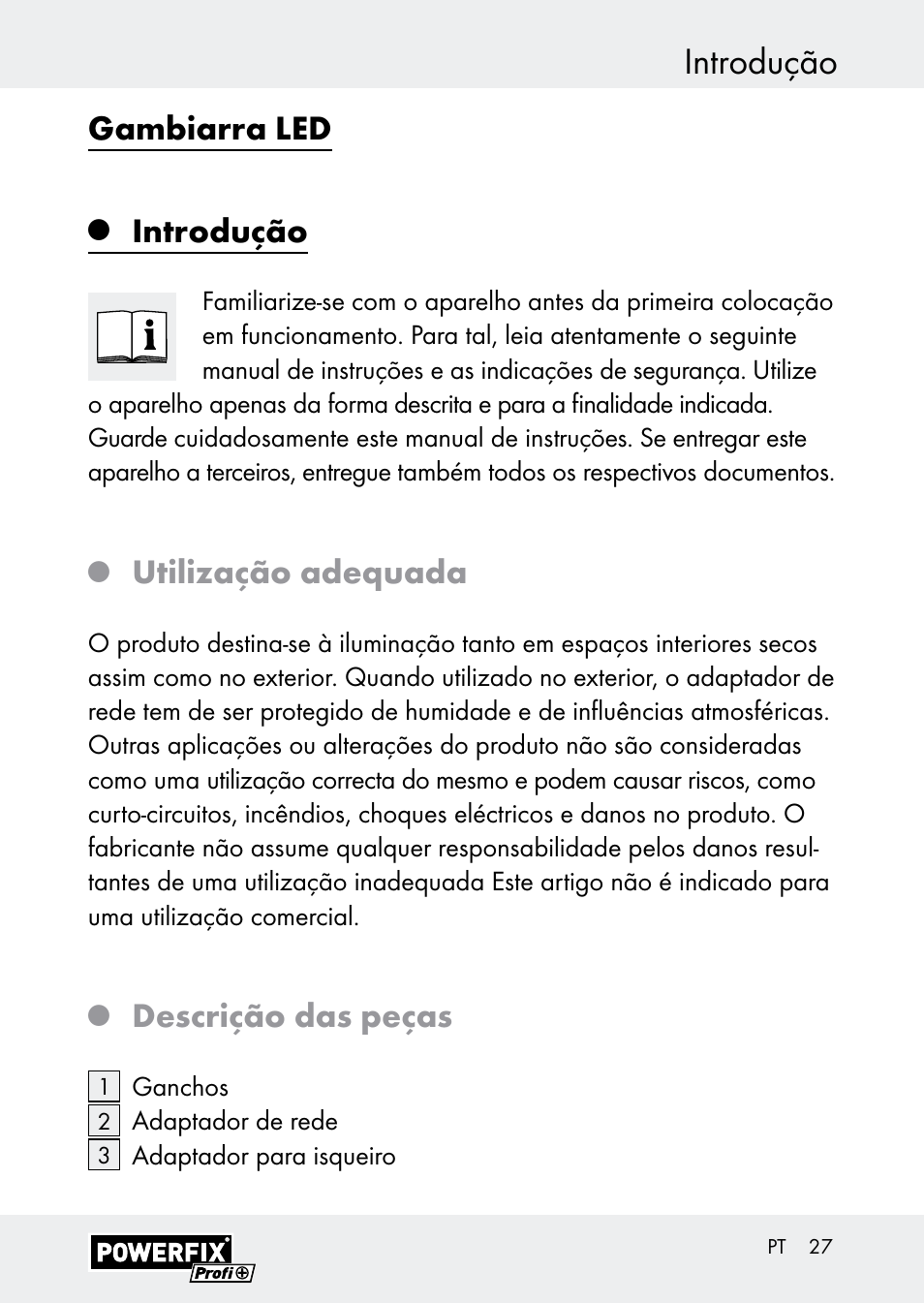 Introdução, Gambiarra led, Utilização adequada | Descrição das peças | Powerfix Z30590-BS User Manual | Page 27 / 59