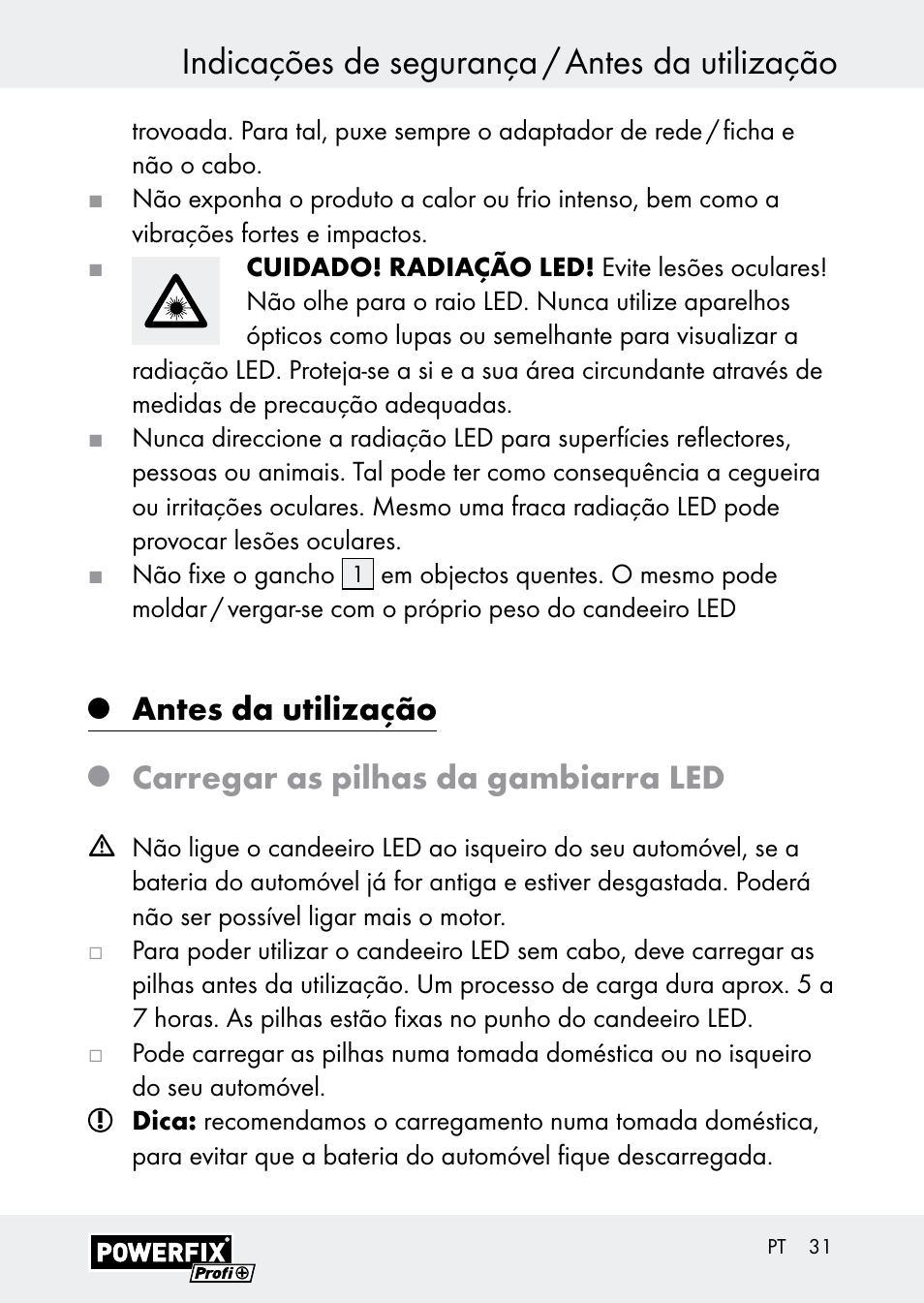 Indicações de segurança / antes da utilização, Antes da utilização, Carregar as pilhas da gambiarra led | Powerfix Z30590-BS User Manual | Page 31 / 59