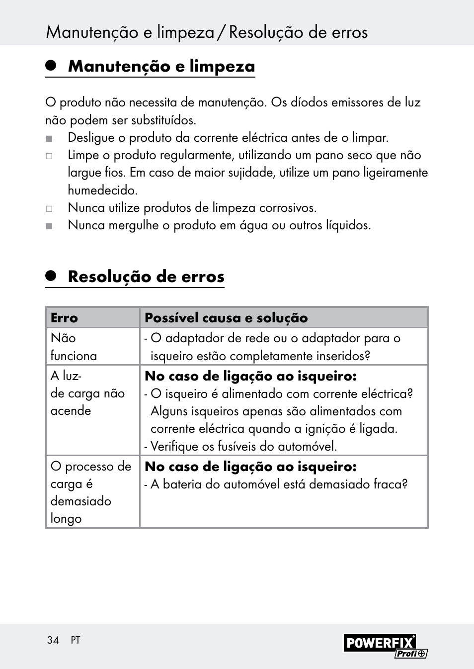 Manutenção e limpeza / resolução de erros, Manutenção e limpeza, Resolução de erros | Powerfix Z30590-BS User Manual | Page 34 / 59