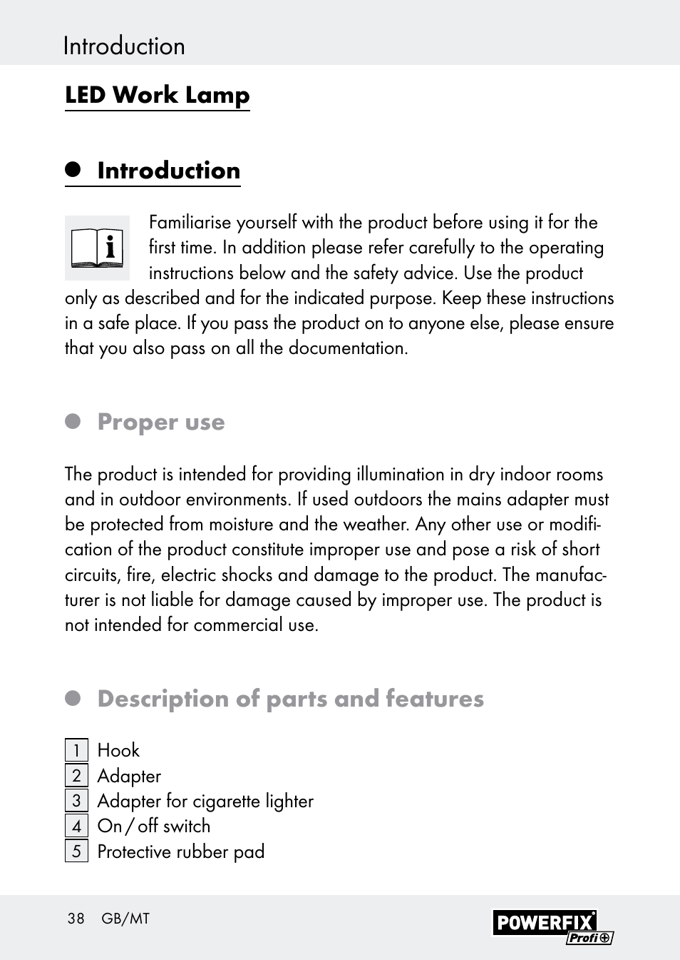 Introduction, Led work lamp, Proper use | Description of parts and features | Powerfix Z30590-BS User Manual | Page 38 / 59