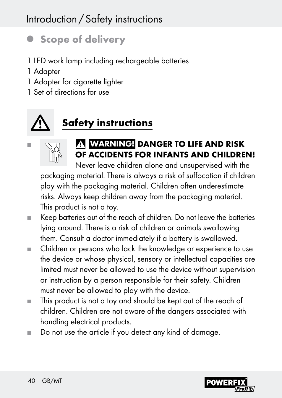 Introduction / safety instructions, Scope of delivery, Safety instructions | Powerfix Z30590-BS User Manual | Page 40 / 59