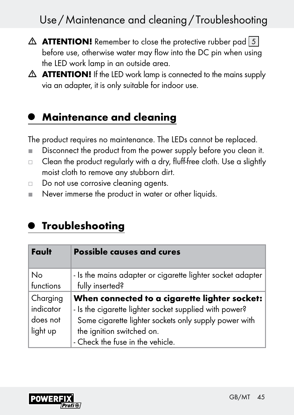 Use / maintenance and cleaning / troubleshooting, Maintenance and cleaning, Troubleshooting | Powerfix Z30590-BS User Manual | Page 45 / 59