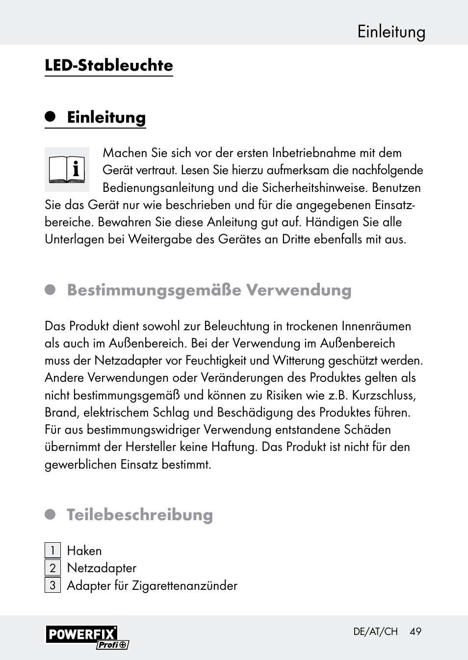 Einleitung, Led-stableuchte, Bestimmungsgemäße verwendung | Teilebeschreibung | Powerfix Z30590-BS User Manual | Page 49 / 59