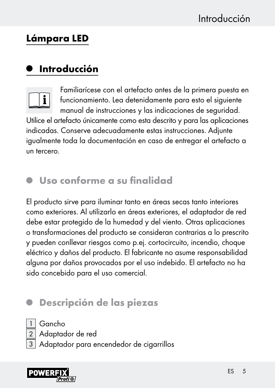 Introducción, Lámpara led, Uso conforme a su finalidad | Descripción de las piezas | Powerfix Z30590-BS User Manual | Page 5 / 59