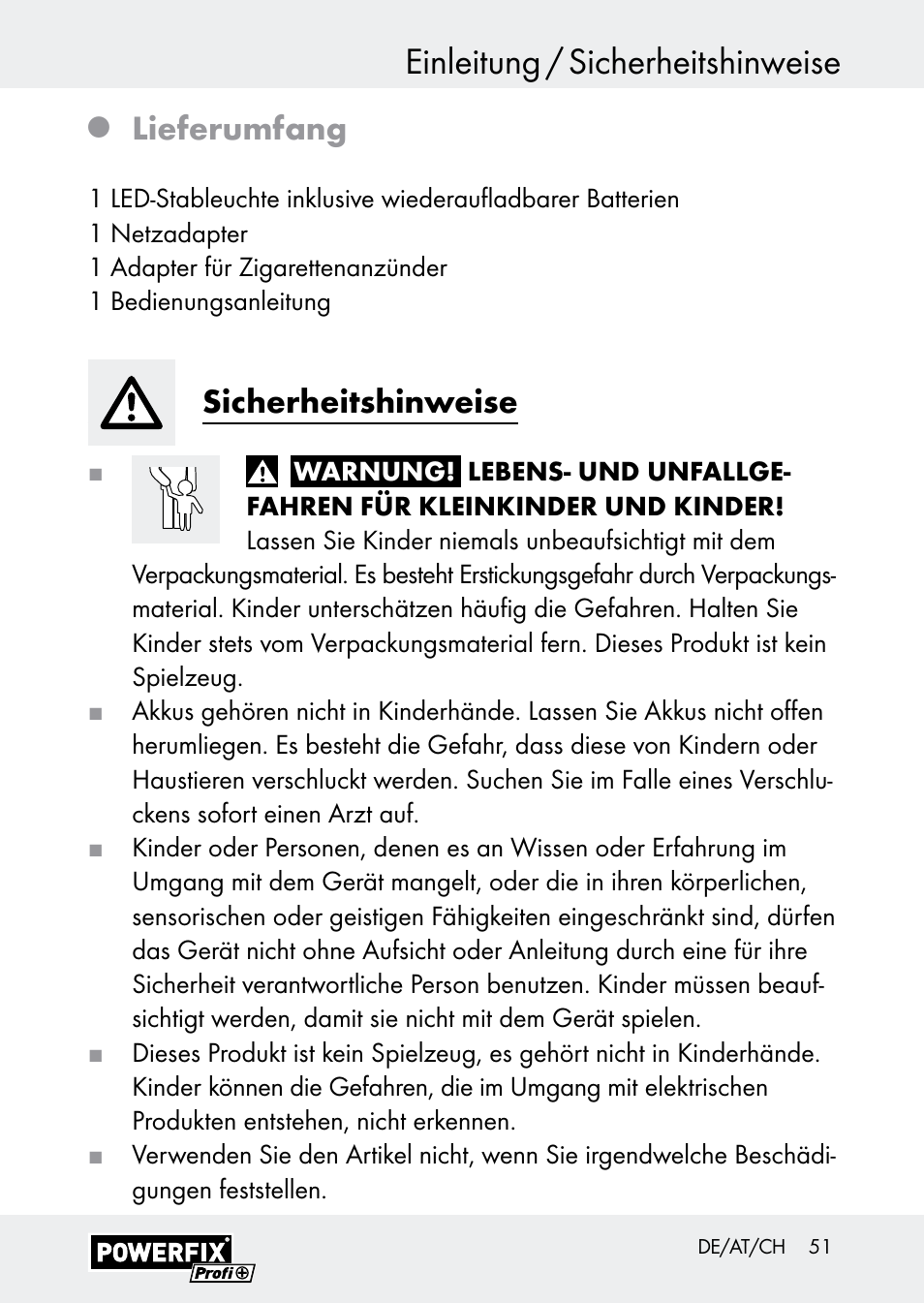 Einleitung / sicherheitshinweise, Lieferumfang, Sicherheitshinweise | Powerfix Z30590-BS User Manual | Page 51 / 59