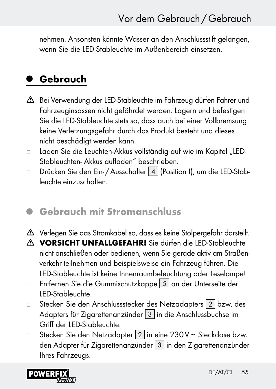 Vor dem gebrauch / gebrauch, Gebrauch, Gebrauch mit stromanschluss | Powerfix Z30590-BS User Manual | Page 55 / 59