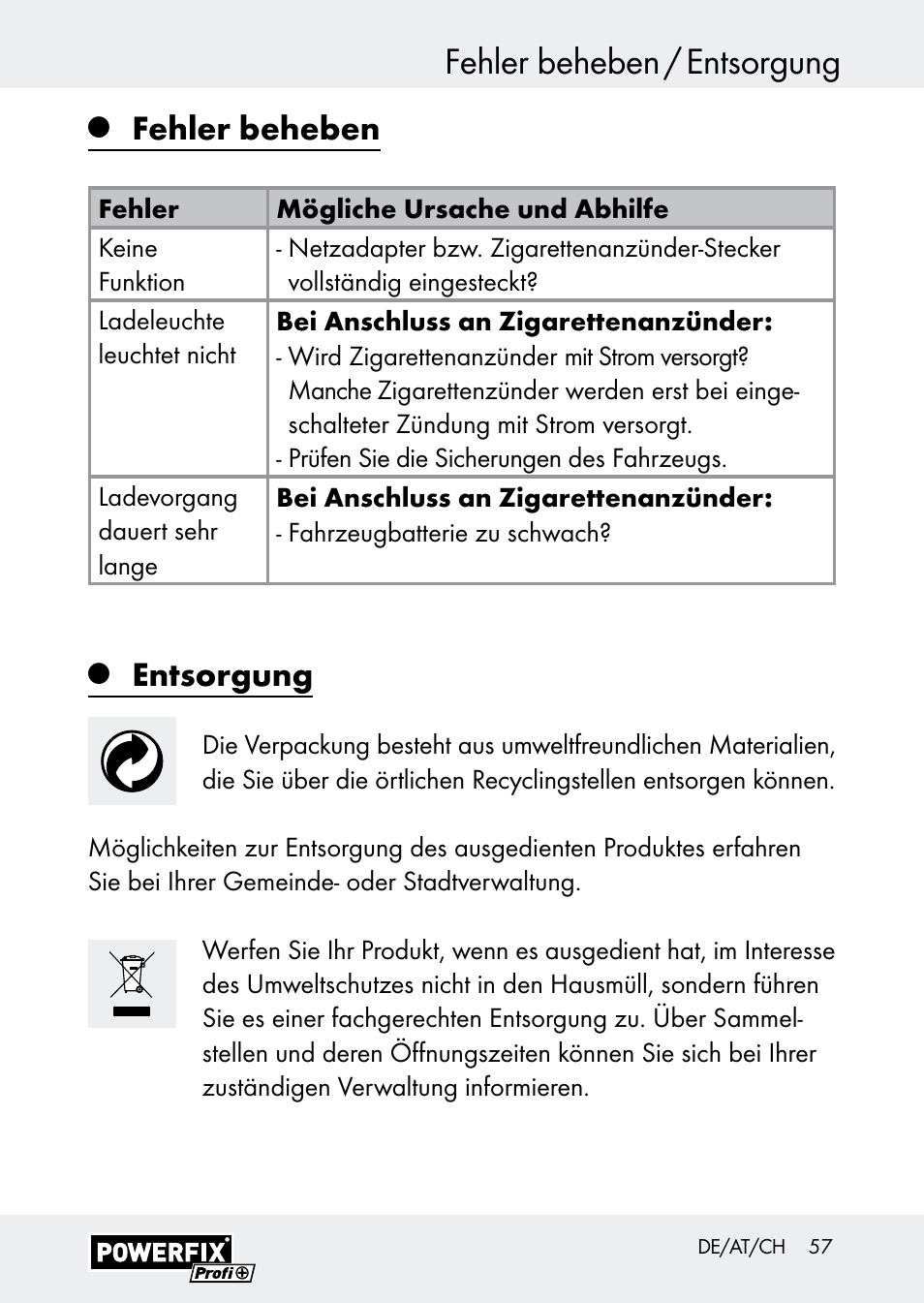 Fehler beheben / entsorgung, Fehler beheben, Entsorgung | Powerfix Z30590-BS User Manual | Page 57 / 59