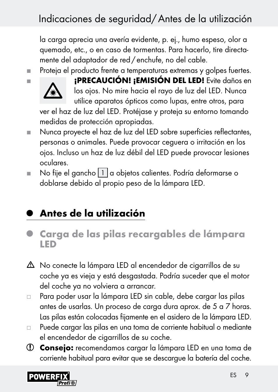 Indicaciones de seguridad/ antes de la utilización, Antes de la utilización, Carga de las pilas recargables de lámpara led | Powerfix Z30590-BS User Manual | Page 9 / 59