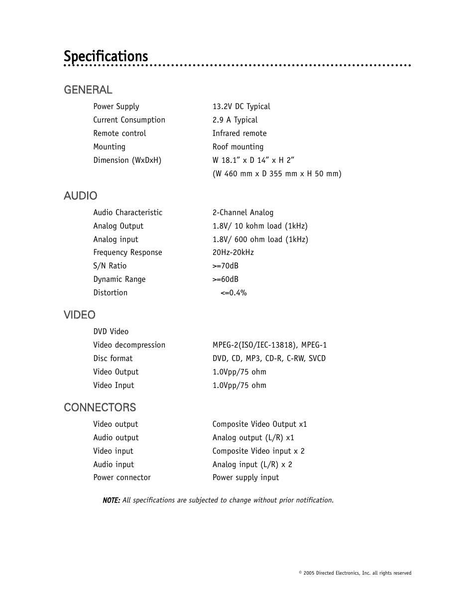 Ssp peecciiffiiccaattiio on nss | Directed Video OHD1500 User Manual | Page 25 / 37