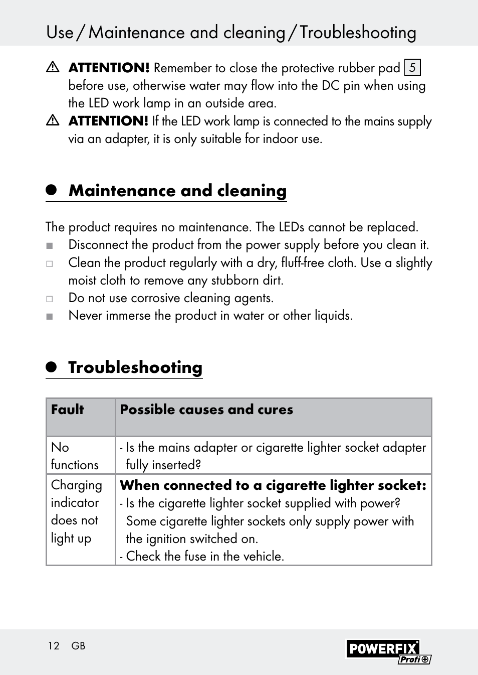 Use / maintenance and cleaning / troubleshooting, Maintenance and cleaning, Troubleshooting | Powerfix Z30590-BS User Manual | Page 12 / 79