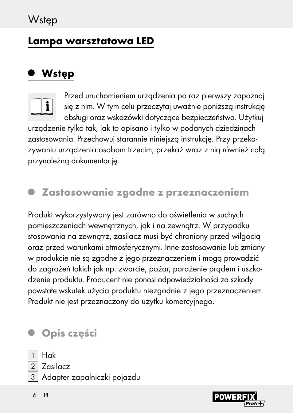 Wstęp, Lampa warsztatowa led, Zastosowanie zgodne z przeznaczeniem | Opis części | Powerfix Z30590-BS User Manual | Page 16 / 79