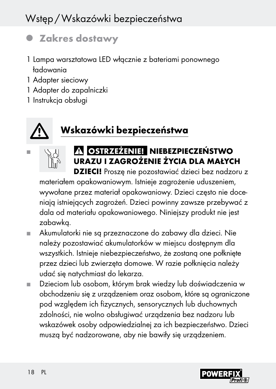 Wstęp / wskazówki bezpieczeństwa, Zakres dostawy, Wskazówki bezpieczeństwa | Powerfix Z30590-BS User Manual | Page 18 / 79