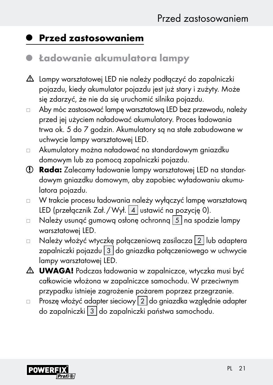 Przed zastosowaniem, Ładowanie akumulatora lampy | Powerfix Z30590-BS User Manual | Page 21 / 79