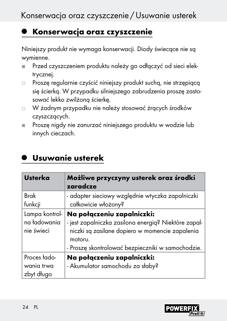 Konserwacja oraz czyszczenie / usuwanie usterek, Konserwacja oraz czyszczenie, Usuwanie usterek | Powerfix Z30590-BS User Manual | Page 24 / 79