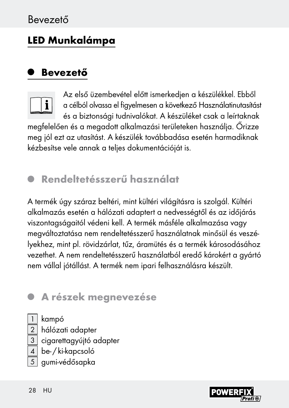 Bevezető, Led munkalámpa, Rendeltetésszerű használat | A részek megnevezése | Powerfix Z30590-BS User Manual | Page 28 / 79