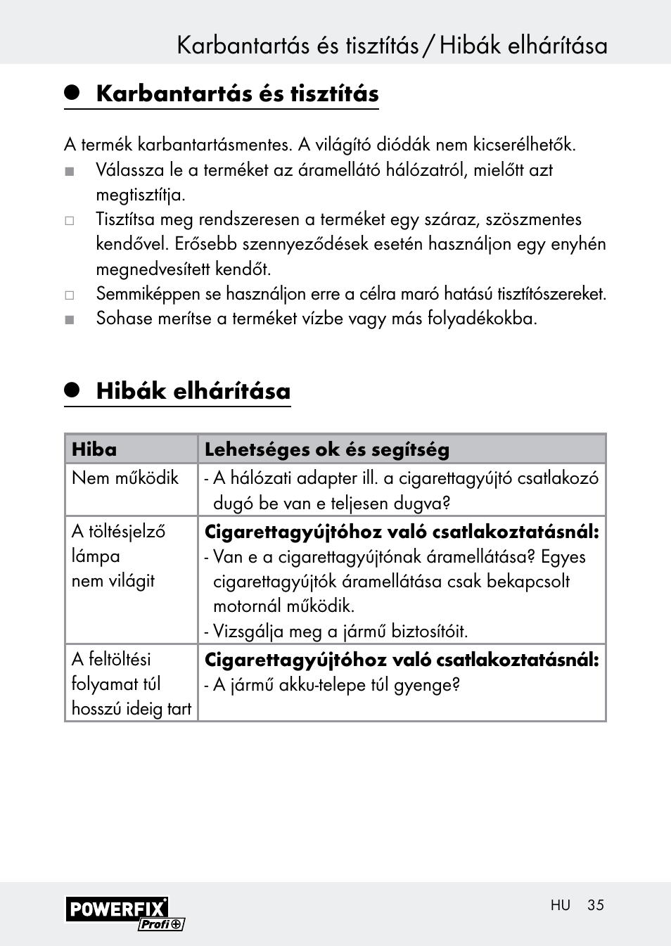 Karbantartás és tisztítás / hibák elhárítása, Karbantartás és tisztítás, Hibák elhárítása | Powerfix Z30590-BS User Manual | Page 35 / 79