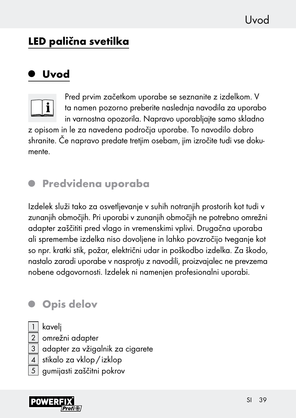 Uvod, Led palična svetilka, Predvidena uporaba | Opis delov | Powerfix Z30590-BS User Manual | Page 39 / 79