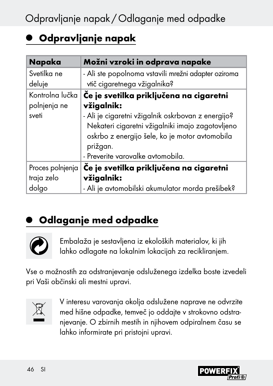 Odpravljanje napak / odlaganje med odpadke, Odpravljanje napak, Odlaganje med odpadke | Powerfix Z30590-BS User Manual | Page 46 / 79