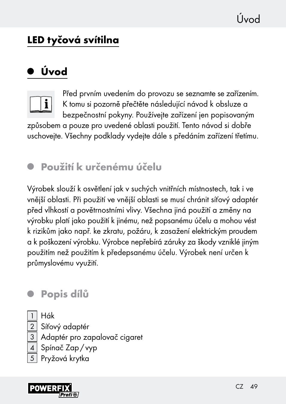 Úvod, Led tyčová svítilna, Použití k určenému účelu | Popis dílů | Powerfix Z30590-BS User Manual | Page 49 / 79