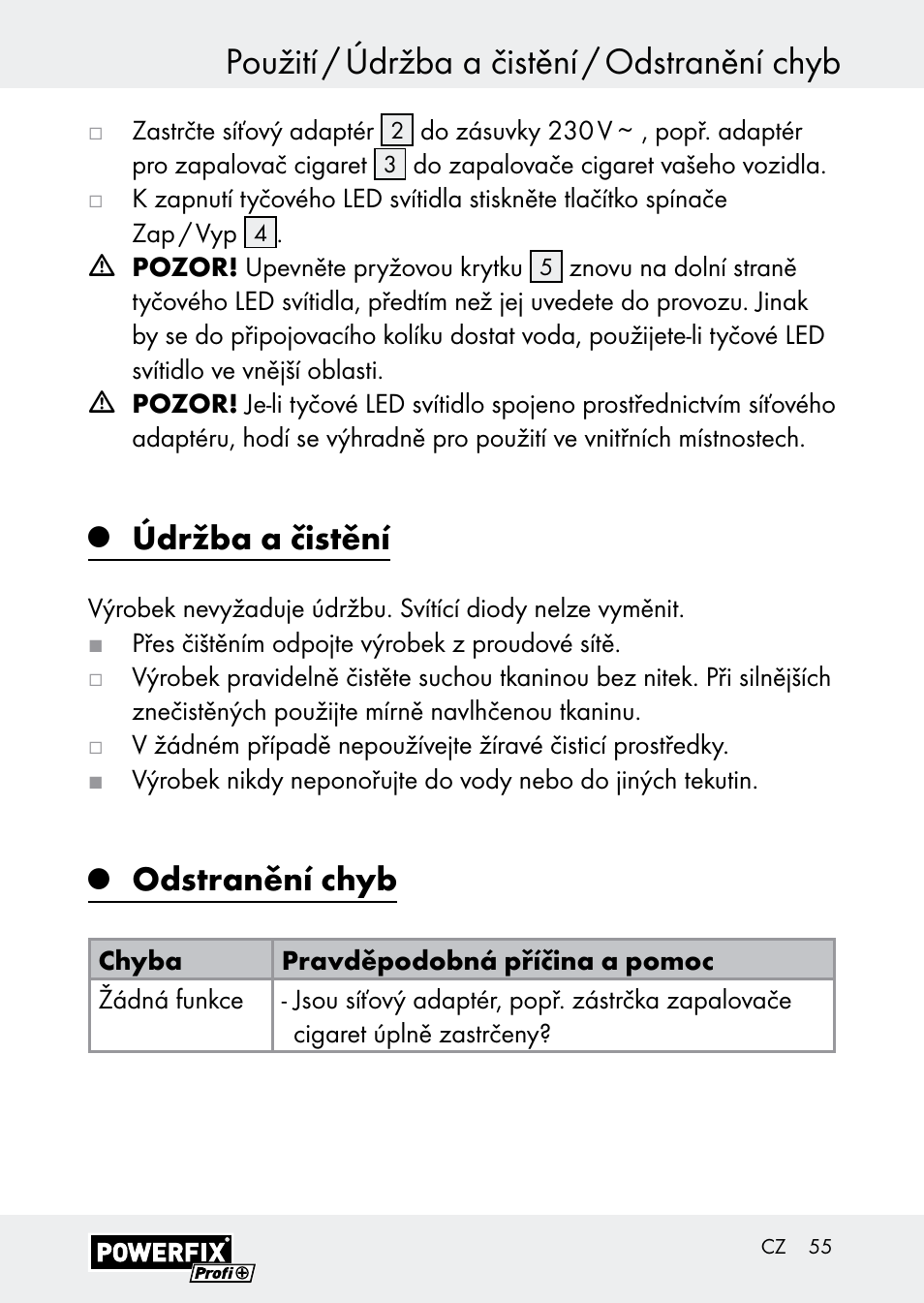 Použití / údržba a čistění / odstranění chyb, Údržba a čistění, Odstranění chyb | Powerfix Z30590-BS User Manual | Page 55 / 79