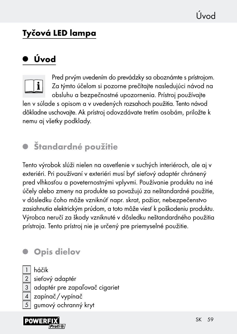 Úvod, Tyčová led lampa, Štandardné použitie | Opis dielov | Powerfix Z30590-BS User Manual | Page 59 / 79