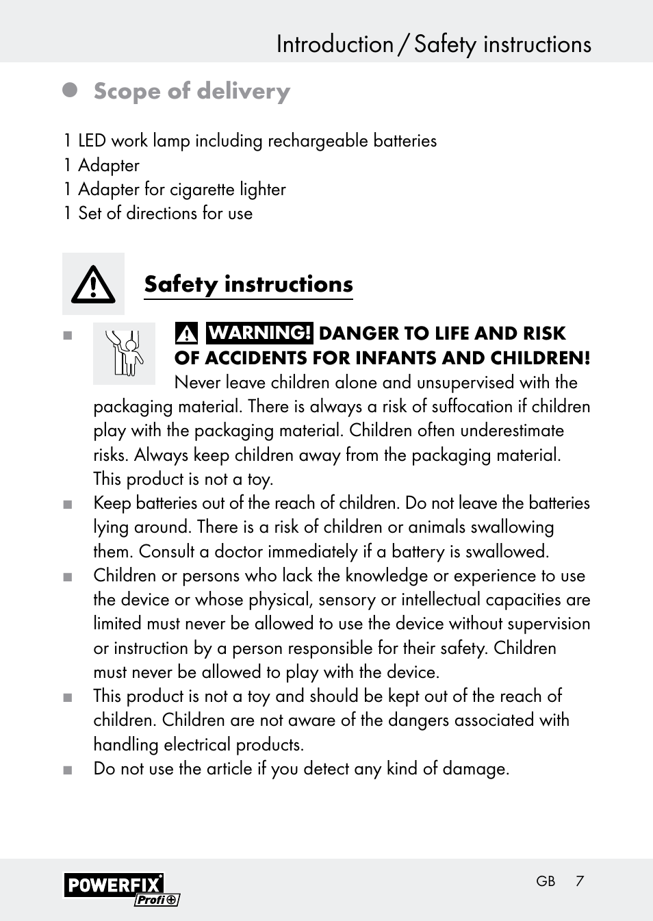 Introduction / safety instructions, Scope of delivery, Safety instructions | Powerfix Z30590-BS User Manual | Page 7 / 79