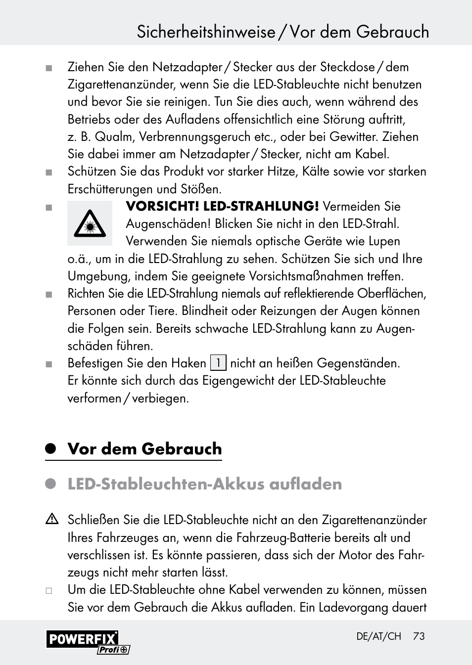 Sicherheitshinweise / vor dem gebrauch, Vor dem gebrauch, Led-stableuchten-akkus aufladen | Powerfix Z30590-BS User Manual | Page 73 / 79