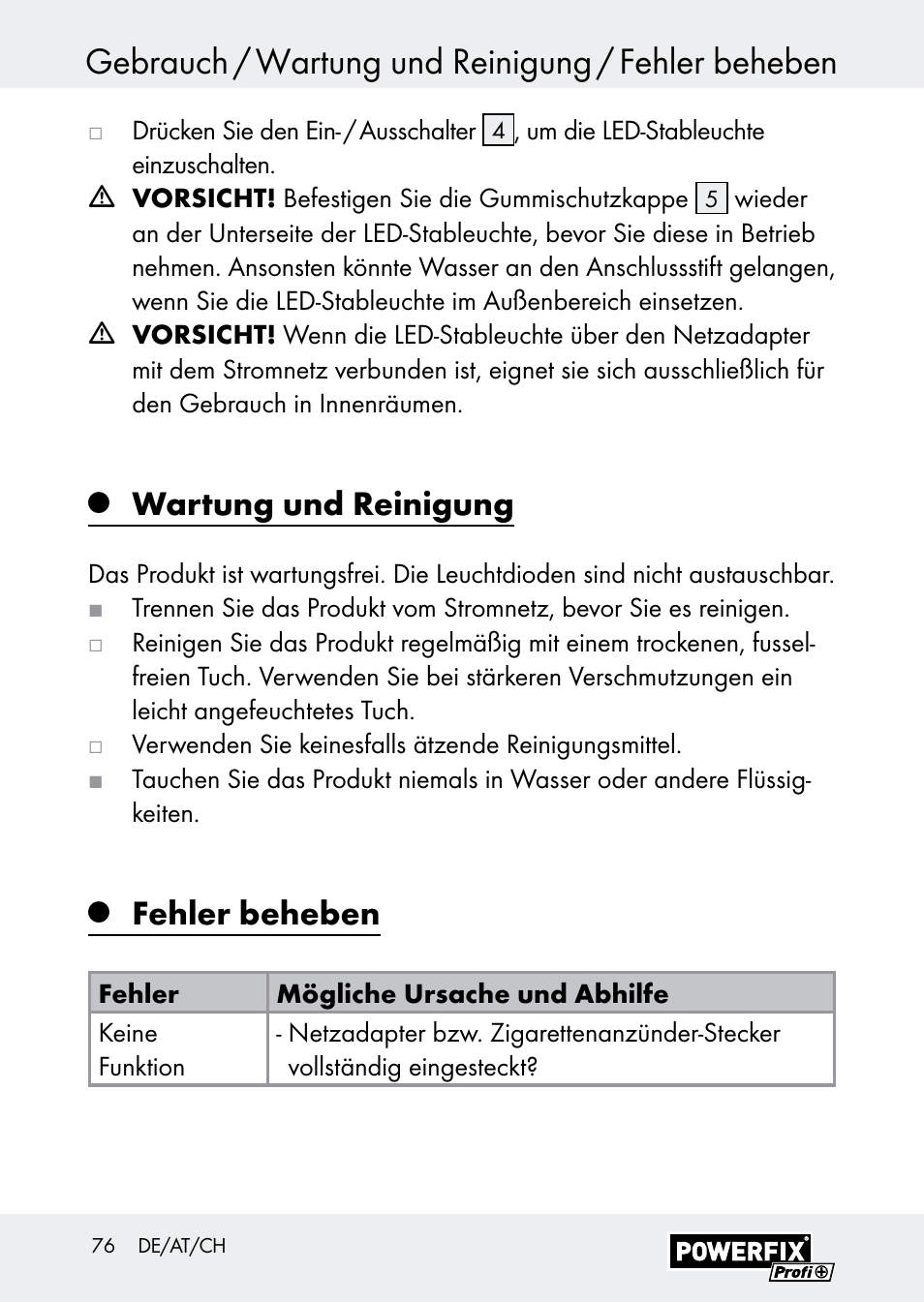 Gebrauch / wartung und reinigung / fehler beheben, Wartung und reinigung, Fehler beheben | Powerfix Z30590-BS User Manual | Page 76 / 79