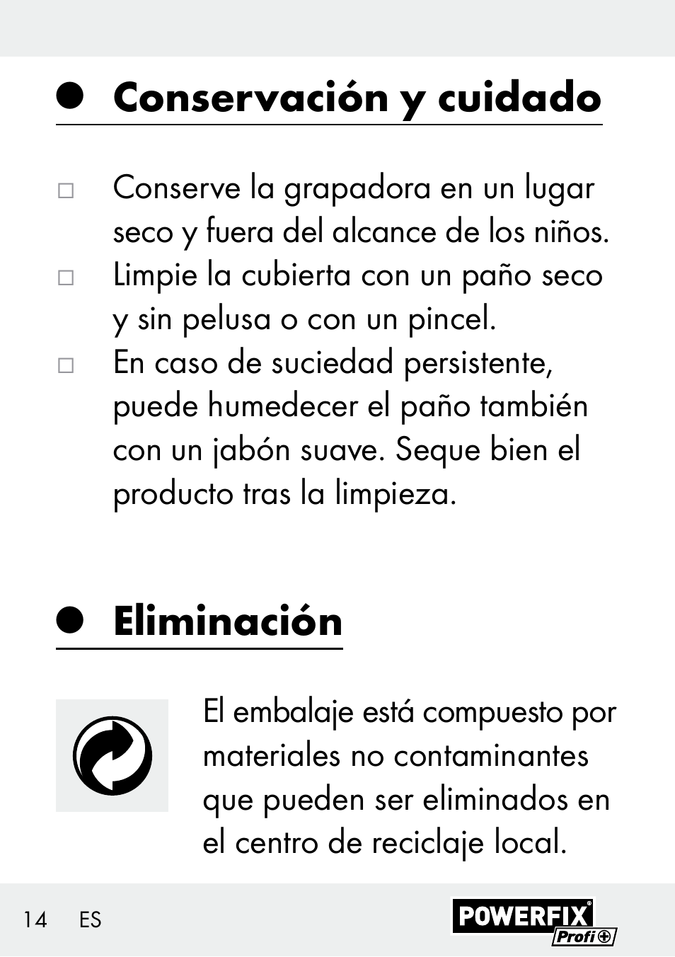 Conservación y cuidado, Eliminación | Powerfix Z29621 User Manual | Page 14 / 59