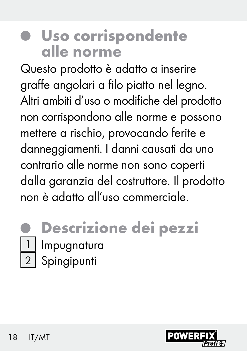 Uso corrispondente alle norme, Descrizione dei pezzi | Powerfix Z29621 User Manual | Page 18 / 59