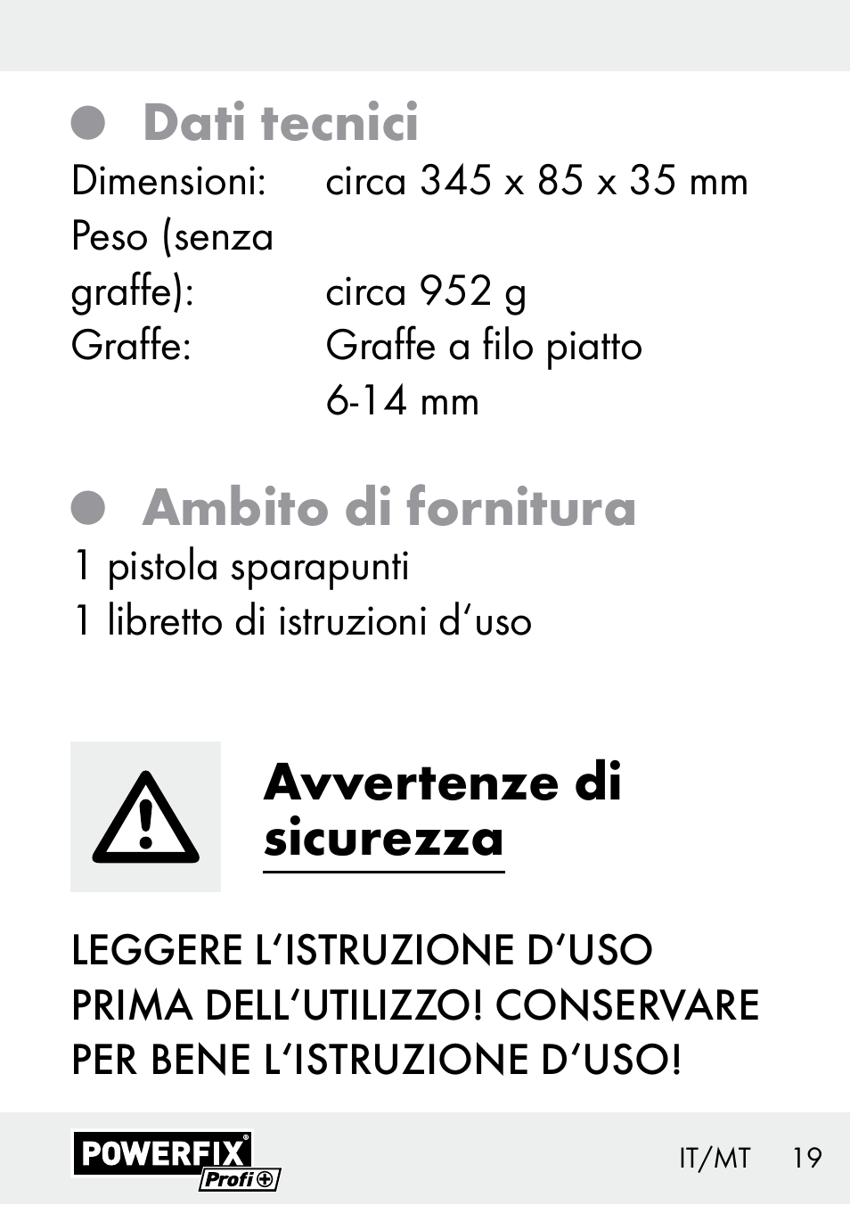 Dati tecnici, Ambito di fornitura, Avvertenze di sicurezza | Powerfix Z29621 User Manual | Page 19 / 59